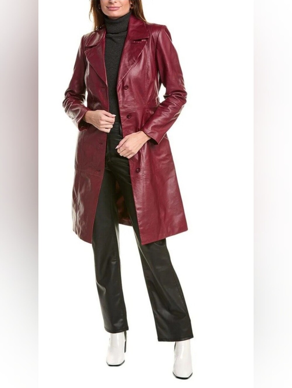 Badgley Mischka Red Lamb Leather Belted Trench Coat Size L